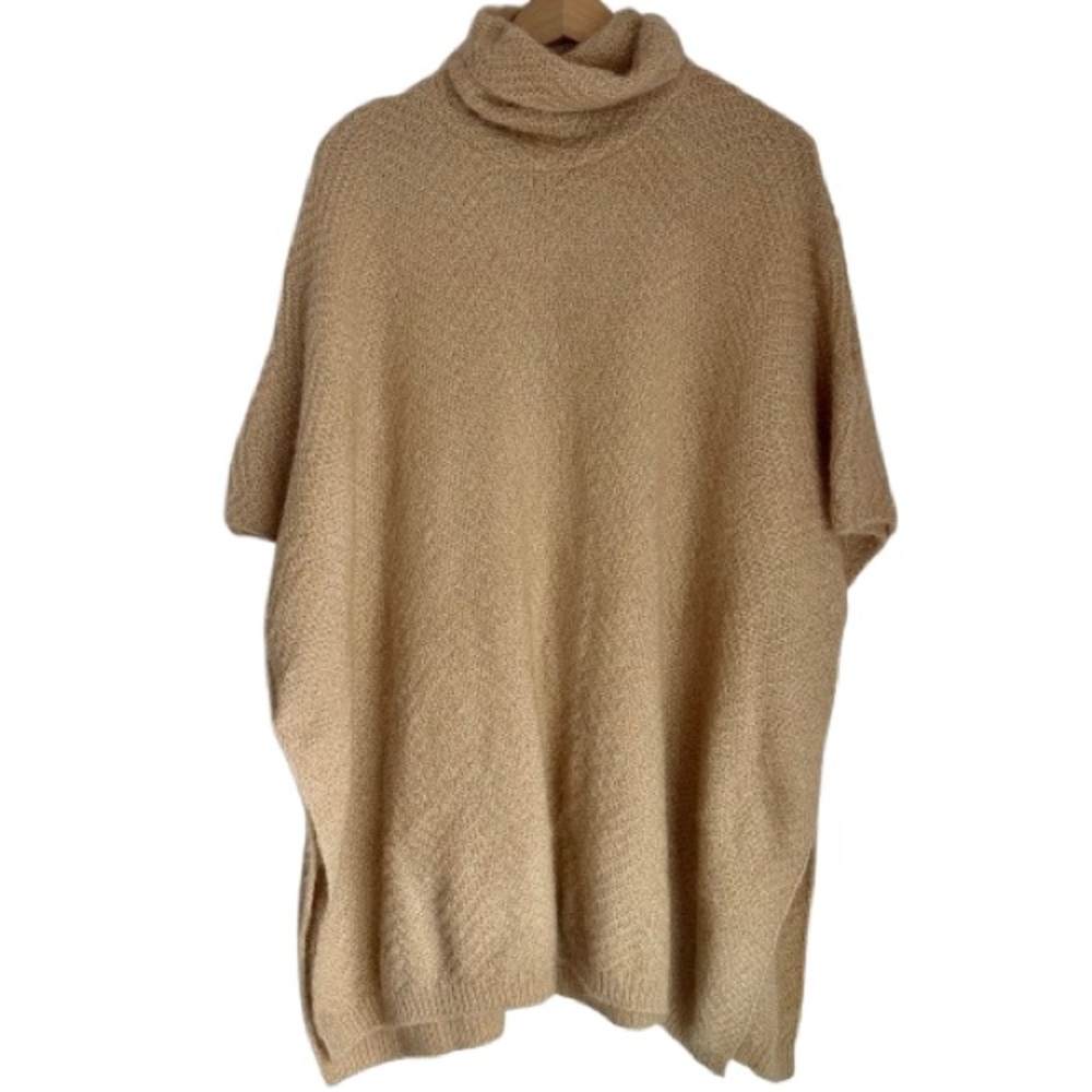 Cejon Womens Oatmilk Fuzzy Knit Turtleneck Poncho Sweater One Size Soft Cozy NWT